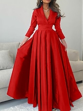 economico Formale / Cravatta nera-Abito di Seta A-Line Abito di Natale Abito da Sera Abito Elegante Formale Abito Rosso Lunghezza fino al Pavimento Manica 3/4 Collo a V con Pieghe abito per impressionare