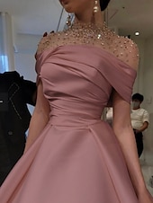 preiswerte Sekt-A-Linie Abendkleid Elegantes Kleid Formal Bodentiefe Kurzarm Illusion Ausschnitt Satin mit Raffung Perlen