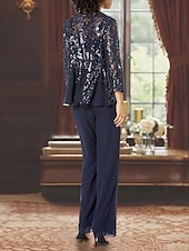 baratos Terninhos de calça da mamãe-Macacão  Terno de Calça 3 Peças Mãe da Noiva Convidada de Casamento Formal Elegante Decote Quadrado Comprimento de Chão Comprimento de Chá Chiffon Renda Lantejoulas Manga 3/4 com Apliques Fenda