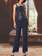 baratos Terninhos de calça da mamãe-Macacão  Terno de Calça 3 Peças Mãe da Noiva Convidada de Casamento Formal Elegante Decote Quadrado Comprimento de Chão Comprimento de Chá Chiffon Renda Lantejoulas Manga 3/4 com Apliques Fenda