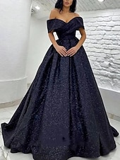 olcso Ruhák végzős bálra-A-vonalú Bálkönnyű Ruha Elegáns Ruha Fekete Nyakkendő Gála Hosszan Fésült  Kefe Vonat Rövid Ujjú Váll nélküli Flitteres Glitter Pliszekkel