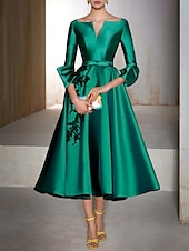 ieftine Rochii Cocktail-Rochii Cocktail A-Line Rochie Elegantă Invitată la Nuntă Lungime de Ceai Mâneci 3/4 Gât în V Satin cu Fundiță(țe) Aplicații Rochii