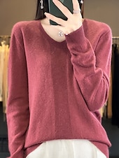 billiga Solida färger-Dam Pullover tröja Mode Ledigt Mjukt Ensfärgat Ribbad V-hals Stickat Långärmad Vanliga toppar Sticka Utomhus Dagligen Utekväll Skogsgrön Körsbärsröd Höst Vinter