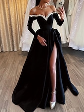 abordables NOIR-Robe de soirée A-Line noire robe formelle de masquerade traîne balayée  traîne brossée manches longues hors épaule en satin avec perles fente