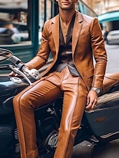 voordelige Casual pakken-Heren Feestpak Zwart Bruin PU Leer Casual Effen Kleur Tailored Fit 2-delig Enkel-gebotonneerd Met Twee Knopen