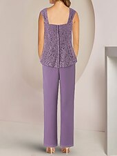 economico Tailleur pantalone della mamma-Tuta  abito intero 3 pezzi madre della sposa invitata al matrimonio elegante collo quadrato lunghezza caviglia in chiffon pizzo maniche mezze con applicazioni