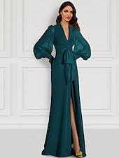 abordables VERT-Robe de mariée de plage sirène robe de bal élégante invitée de mariage traîne balayage  brosse manches longues col en V automne invitée de mariage chiffon avec fente bretelles 2025