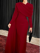 abordables ROUGE-Robe Svelte Rouge Noir Rouge Vert de Noël Robe de Soirée Élégante Robe Cape Formelle Automne Traîne Balayée  Brosse Manches Longues Col Boulé Tissu Extensible avec Boutons Fente robe à impressionner