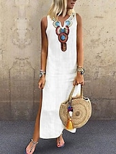 cheap Dresses-Women&#039;s White Yellow Wine Summer Spring Fall Maxi Dress White Dress Cotton Linen Dresses Cotton Summer Dress Hot Casual Boho Vacation Holiday Beach Regular Fit Geometric V Neck