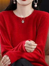 billiga Solida färger-Dam Pullover tröja Mode Streetwear Ledigt Ensfärgat Ribbad Rund hals Stickat Långärmad Vanliga toppar Sticka Utomhus Hem Dagligen Körsbärsröd Räkor Rosa Höst Vinter