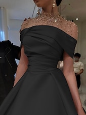 preiswerte Sekt-A-Linie Abendkleid Elegantes Kleid Formal Bodentiefe Kurzarm Illusion Ausschnitt Satin mit Raffung Perlen
