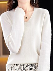 billiga Solida färger-Dam Pullover tröja Mode Ledigt Mjukt Ensfärgat Ribbad V-hals Stickat Långärmad Vanliga toppar Sticka Utomhus Dagligen Utekväll Skogsgrön Körsbärsröd Höst Vinter
