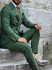 baratos Fatos formais-Ternos Masculinos para Casamento Trajes de Homecoming Verde Escuro Cor Sólida Ajuste Padrão 2 Peças Com Seis Botões