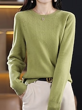 billiga Solida färger-Dam Pullover tröja Mode Streetwear Ledigt Ensfärgat Ribbad Rund hals Stickat Långärmad Vanliga toppar Sticka Utomhus Hem Dagligen Körsbärsröd Räkor Rosa Höst Vinter