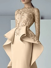 billiga Golvlängd-Sheath Mother of the Bride Dress Formal Wedding Guest Elegant Party Scoop Neck Floor Length Lace Stretch Fabric Long Sleeve Ruffles Appliques free custom size