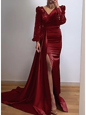 abordables Rose-Robe de soirée Sirène Robe Sequins Formelle Traîne cour Manches longues Col en V Invitée de mariage d&#039;automne Charmeuse avec fente Robe de masque 2025