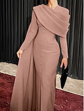 abordables ROUGE-Robe Svelte Rouge Noir Rouge Vert de Noël Robe de Soirée Élégante Robe Cape Formelle Automne Traîne Balayée  Brosse Manches Longues Col Boulé Tissu Extensible avec Boutons Fente robe à impressionner