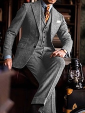 voordelige Formele pakken-Heren Tweed Trouwpakken Lichtblauw Bordeaux Effen Tailored Fit 3-delig Enkele Knopen