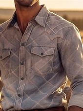 cheap Men&#039;s Western Shirts-Men&#039;s Plaid Shirt Western Shirt Cowboy Shirt Long Sleeve Casual Outdoor Street Casual Daily Fall &amp; Winter Turndown Buttons Print Gray