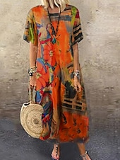 abordables Robes Floraux Imprimés-robe longue Femme Robe t-shirt Manche Courte Printemps Eté - Rétro Vintage Casual Imprimer Imprime Abstrait A Ombre Col Ras du Cou du quotidien Vacances 2023 Orange Vert M L XL 2XL 3XL 4XL