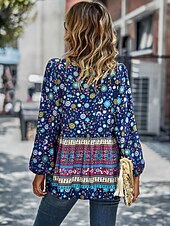 billige Boho topper-Dame Skjorte Boho skjorte Blondeskjorte Bluse Blomstret Mote Langermet V-hals Vanlige topper Avslappet Ferie Blondér Trykt mønster Rød Navyblå Blå Lilla Grønn Vår &amp; Vinter