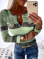cheap Stripe&amp;Geometric tee-Women&#039;s T Shirt Color Block Fashion Long Sleeve Round Neck Half Zip Regular Tops Daily Weekend Print Quarter Zip Pink Blue Purple Green Gray Spring &amp;  Fall