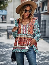 billige Boho topper-Dame Skjorte Boho skjorte Blondeskjorte Bluse Blomstret Mote Langermet V-hals Vanlige topper Avslappet Ferie Blondér Trykt mønster Rød Navyblå Blå Lilla Grønn Vår &amp; Vinter