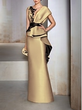 abordables JAUNE-Robe de soirée fourreau élégante robe formelle invitée à un mariage longueur sol manches courtes décolleté en V en satin avec volants broderies et appliqués 2025