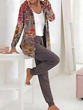 cheap Women&#039;s Tracksuits-Women&#039;s 2 Pieces Hoodie Tracksuits Pants Sets Active Daily Pants Trousers Long Sleeve Hooded Floral Drawstring Print Outdoor Casual Black Pink Red Fall &amp; Winter Regular Fit