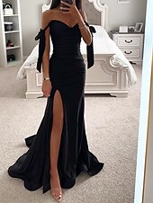 cheap Weddings &amp; Events-Mermaid / Trumpet Prom Dresses Corsets Dress Formal Evening Party Court Train Sleeveless Off Shoulder Satin with Bow(s) Ruched Slit 2024
