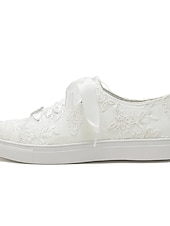 preiswerte Braut-Braut-Spitzen-Hochzeits-Sneaker – elegante elfenbeinfarbene Low-Top-Sneaker mit Satinband-Schnürsenkeln und Strass-Details für Bräute und besondere Anlässe