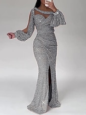 preiswerte GRAU-Meerjungfrau Paillettiertes Abendkleid Partykleid formelles Sweep-/Pinselzug lange Ärmel Scoop-Ausschnitt mit Glitzer Raffung Schlitz Maskerade-Kleid 2025