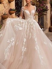 cheap Formal Wedding Dresses-Beach Wedding Formal Wedding Dresses A-Line V Neck Long Sleeve Court Train Tulle Bridal Gowns With Pleats Appliques