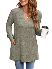 preiswerte Damen Einfache Oberteile-Damen Hemd Bluse Mode Tasche Langarm Lange Tops V-Ausschnitt Casual Schwarz Rosa Armeegrün Rot Staubblau Frühling&amp;amp;  fallen