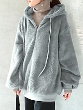 cheap Hoodies &amp; Sweatshirts-Women&#039;s Solid Color Warm Teddy Fuzzy Long Sleeve Hoodie Half Zip Regular Tops Street Casual Drawstring Front Pocket Quarter Zip Black Wine Dark Gray Coffee Gray Fall &amp; Winter