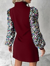 levne Flitrové šaty-Dámské Mini šaty Flitrové šaty Šaty na párty Koktejlky Šaty pro svatební hosty Elegantní Dovolená Svatební host Narozeniny Běžný Barevné bloky Dlouhý rukáv Stojáček Černá Fialová Vodní modrá Léto