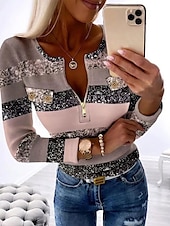 cheap Stripe&amp;Geometric tee-Women&#039;s T Shirt Color Block Fashion Long Sleeve Round Neck Half Zip Regular Tops Daily Weekend Print Quarter Zip Pink Blue Purple Green Gray Spring &amp;  Fall