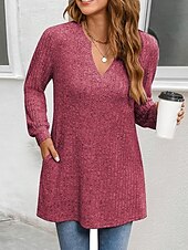 preiswerte Damen Einfache Oberteile-Damen Hemd Bluse Mode Tasche Langarm Lange Tops V-Ausschnitt Casual Schwarz Rosa Armeegrün Rot Staubblau Frühling&amp;amp;  fallen