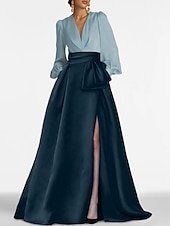 economico viola-Abito da sera A-Line elegante abito formale strascico lungo maniche lunghe scollo a V satin con plissettature e strappo per ospiti di matrimoni
