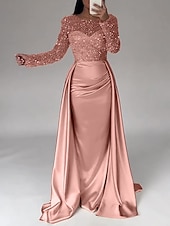 cheap CHAMPAGNE-Mermaid Sequin Evening Gown Ruched Champagne Satin Dress Long Sleeves Masquerade Floor Length Illusion Neck with Pearls Overskirt dress 2025