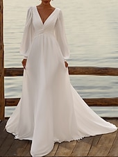 preiswerte lässige Brautkleider-Strandhochzeit Formal Einfache Hochzeitskleider A-Linie V-Ausschnitt Langarm Gericht Zug Chiffon Hochzeitskleider mit Falten Raffung