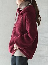 cheap Hoodies &amp; Sweatshirts-Women&#039;s Solid Color Warm Teddy Fuzzy Long Sleeve Hoodie Half Zip Regular Tops Street Casual Drawstring Front Pocket Quarter Zip Black Wine Dark Gray Coffee Gray Fall &amp; Winter