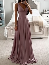 preiswerte Brautjungfernkleider-A-Linie Brautjungfernkleid V Ausschnitt Ärmellos Elegant Pinsel Schleppe Chiffon mit Horizontal gerüscht 2022