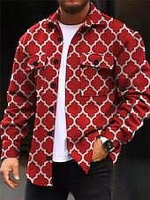 economico giacca camicia da uomo-Per uomo Geometria Camicia Giacca da camicia Sovracamicia Manica lunga Informale Esterno Strada Casual / quotidiano Autunno inverno Collo ripiegabile Bottoni Tasche Stampa Nero Rosso Blu Viola