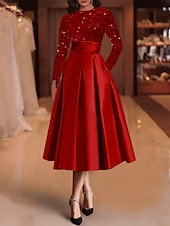 economico Abiti da cocktail-Abiti da cocktail A-line in paillettes elegante abito invitata a matrimonio lunghezza tè maniche lunghe scollo a gioiello in raso con pieghe abiti Derby 2025