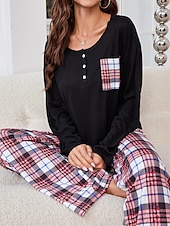 billiga Sovkläder till damer-pyjamasset för kvinnor rutnät / pläd avslappnad komfort hemsäng som andas med rund hals långärmad t-shirt t-shirt byxknappficka höst vinter hemkläder