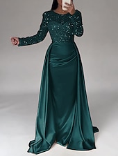 cheap CHAMPAGNE-Mermaid Sequin Evening Gown Ruched Champagne Satin Dress Long Sleeves Masquerade Floor Length Illusion Neck with Pearls Overskirt dress 2025