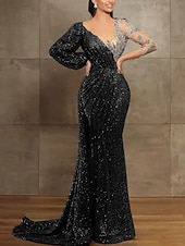preiswerte GELB-Mermaid Pailletten Abendkleid Elegantes Kleid Formal Hof Zug Langarm Illusionskragen mit Falten Maskeradenkleid