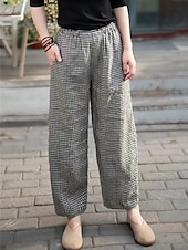 cheap Wide Leg &amp; High Waisted-Women&#039;s Wide Leg Pants Trousers Linen Cotton Blend Plaid High Waist Full Length Black Fall