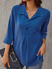 cheap Shirts-Women&#039;s Plus Size Shirt Linen-Inspired Shirts Plain Fashion Casual 3/4 Length Sleeve Bell Sleeve V Neck Shirt Collar Regular Tops Casual Holiday White Royal Blue Dusty Blue Spring &amp;  Fall All Seasons